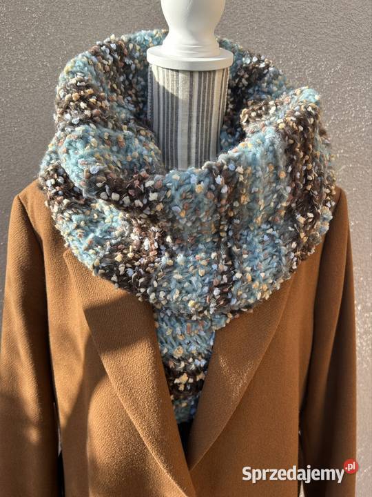 Szalik damski brązowo błękitny z wełną z