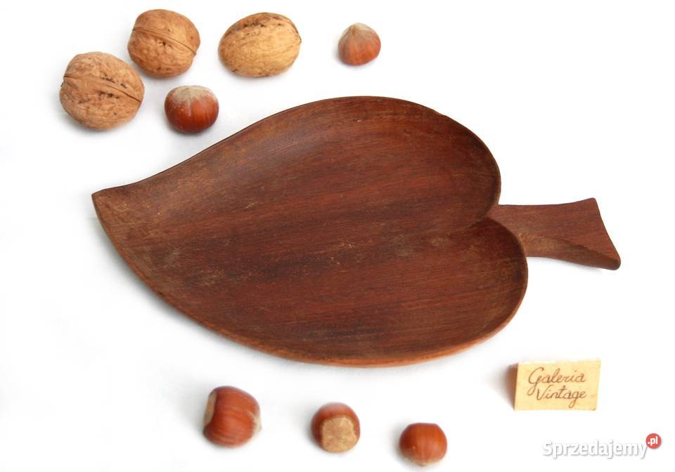 Rzeźbiona patera liść drewno teak lata 70 Lublin