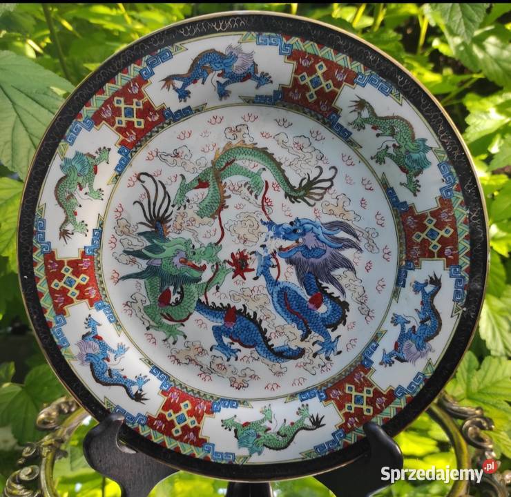 Kolekcjonerska złocona patera z motywami smoków Porcelana i szkło Pabianice sprzedam
