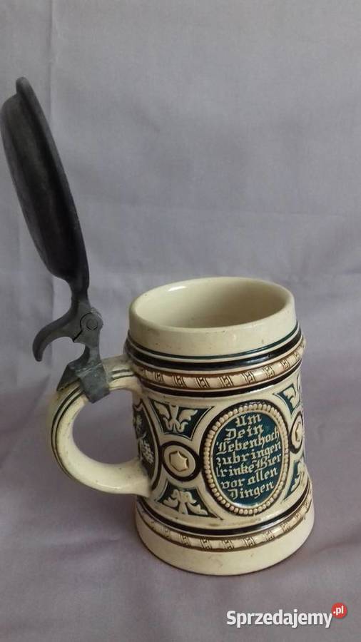 Stary kufel ceramiczny sygnowany z cynowa dolnośląskie Wrocław