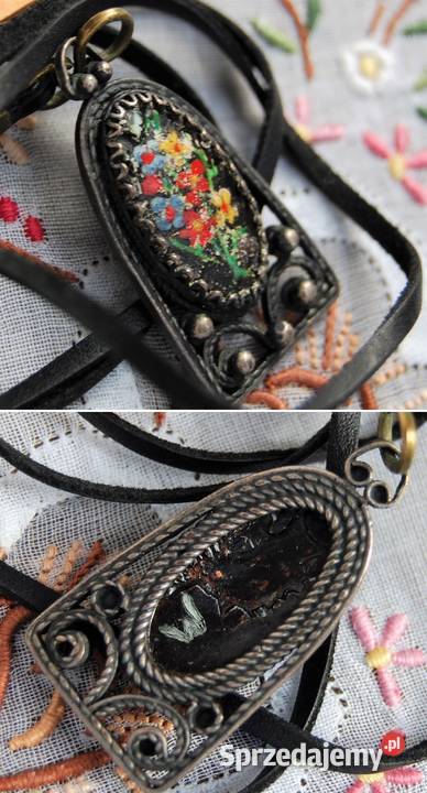 Stary wisior filigran mosiądz malowany kwiaty Lublin