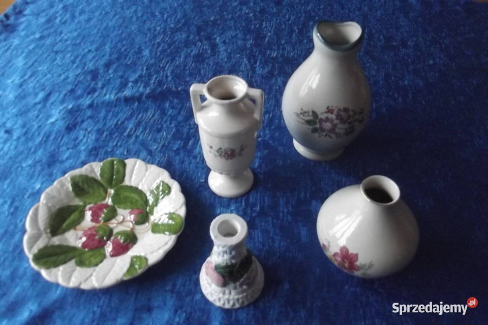 Trzy ceramiczne wazony talerz ozdoby i świecznik Piekary Śląskie