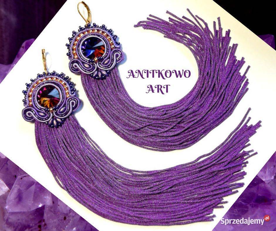 KOLCZYKI FIOLETKI Z FRĘDZLAMI I KRYSZTAŁKIEM Kolczyki mazowieckie Warszawa