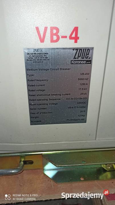 Wyłącznik ŚN VB4W 175kV1250A25kA Elektryka i akcesoria Warszawa sprzedam