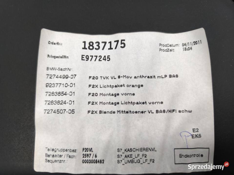 TAPICERKA BOCZEK DRZWI LEWY PRZÓD BMW F20 Tapicerki samochodowe
