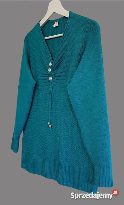 Damski prążkowany ciepły sweter zielony z długim Chrzanów