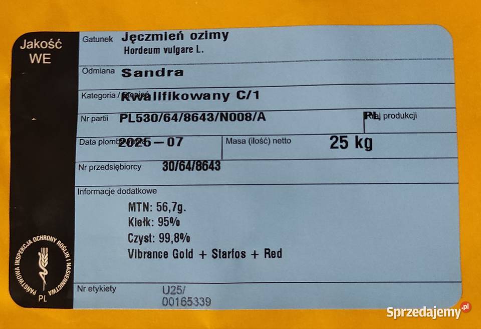 Jęczmień ozimy Sandra Aleksandra materiał siewny Strzelce Wielkie