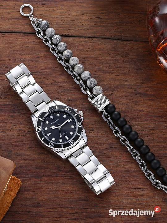 Zegarek kwarcowy czarna tarcza i bransoletka na