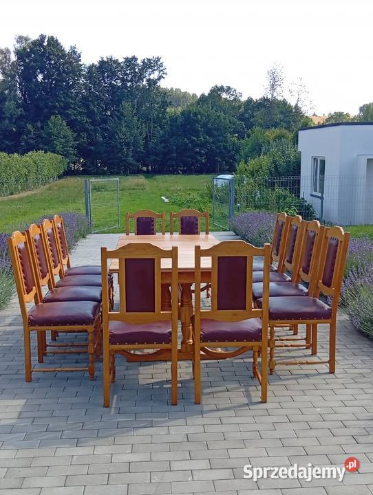 Unikatowy zestaw stół 12 krzeseł lity dąb skóra Starachowice