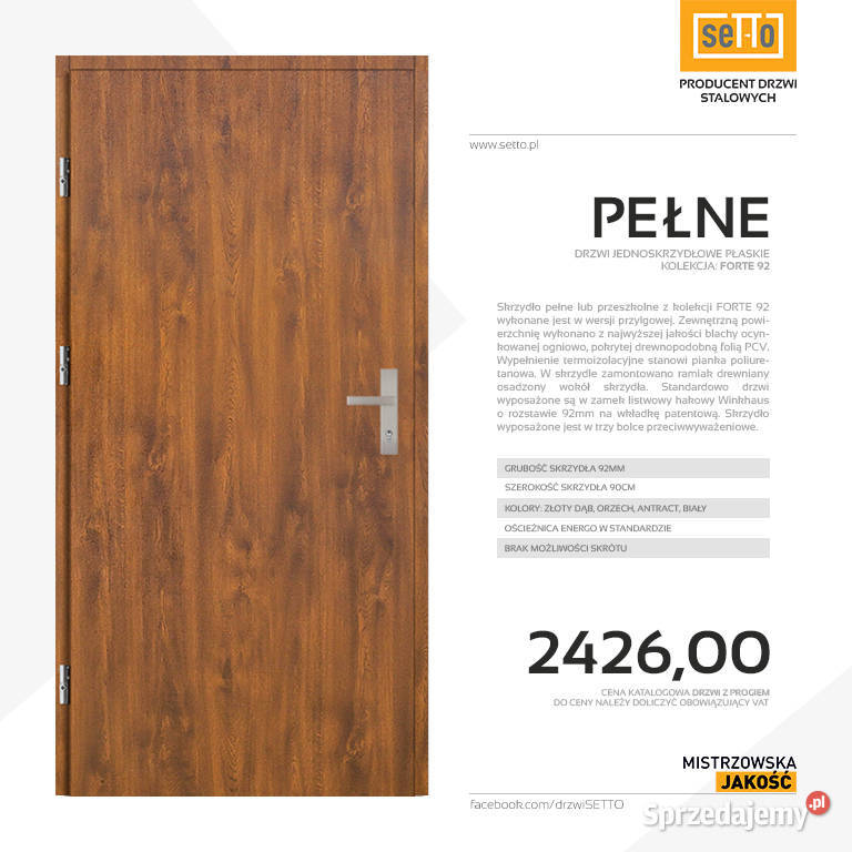 Drzwi zewnętrzne stalowe SETTO model PEŁNE 92 wielkopolskie Konin