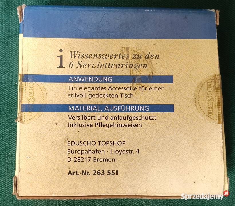 Sześć posrebrzanych obrączek na serwetki Eduscho Antyki, Sztuka, Kolekcje sprzedam