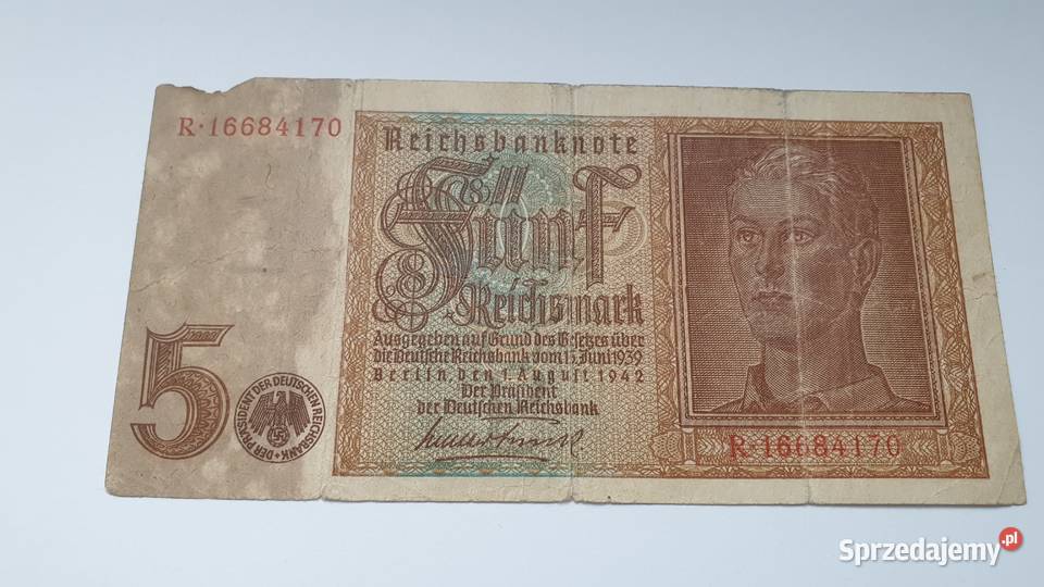 Banknot Niemiecki 5 Reichsmark z 1942 roku