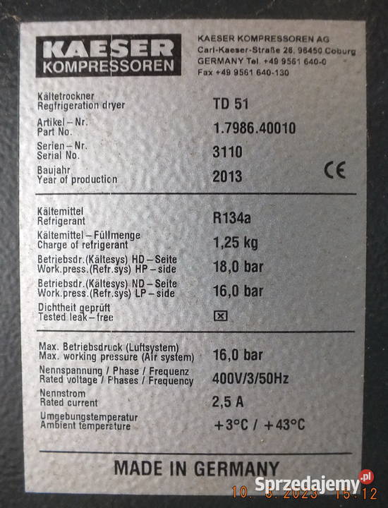 Osuszacz ziębniczy KAESER typ TD 51 prod 2013