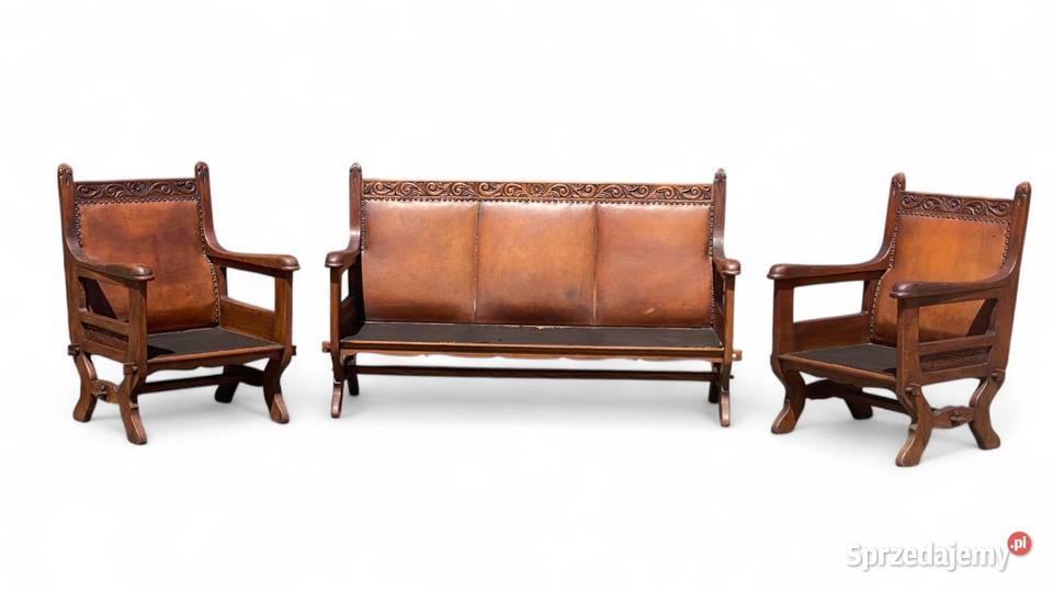 Stary dębowy komplet wypoczynkowy skóra