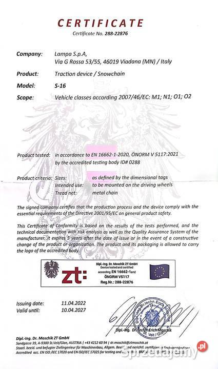 Łańcuchy Lampa Van SUV 274 28545R22 28565R18