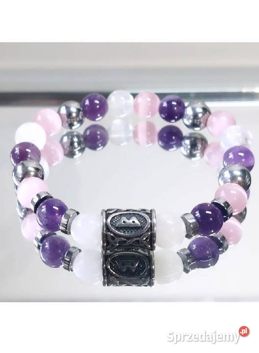 BRANSOLETKA RUNA BERKANO KAMIEŃ AMETYST STAL