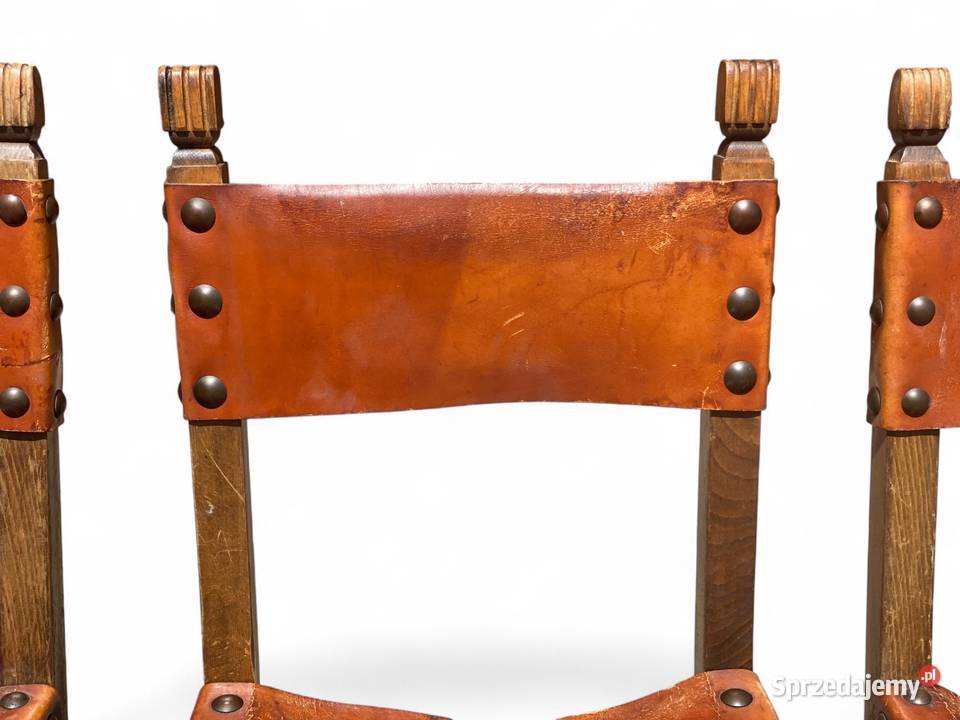 Zestaw 3 dębowych krzeseł vintage skóra Gryfice