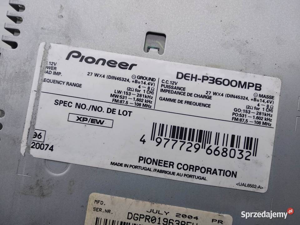 Radio samochodowe Pioneer DEHP3600MPB ramka Sieradz