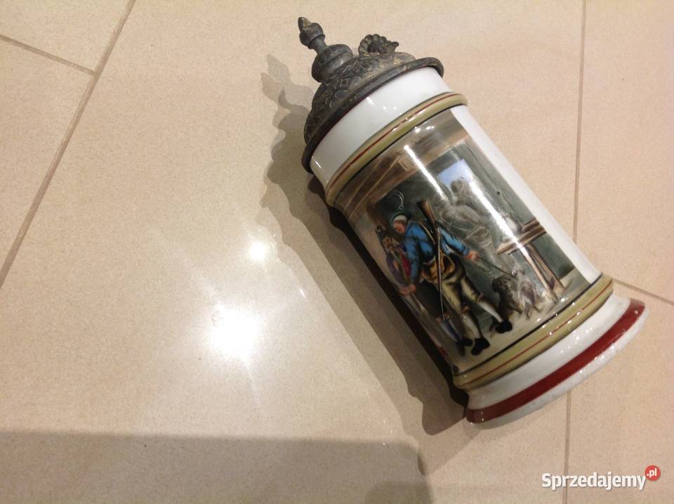 Stary Porcelanowy Kufel Myśliwskil z cynową Nowa Sól