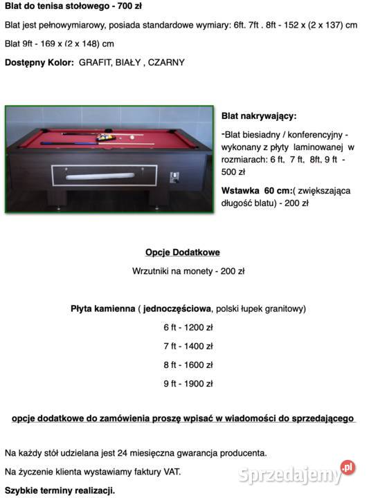 stół bilardowy Wiktor 8 ft z akcesoriami na świętokrzyskie