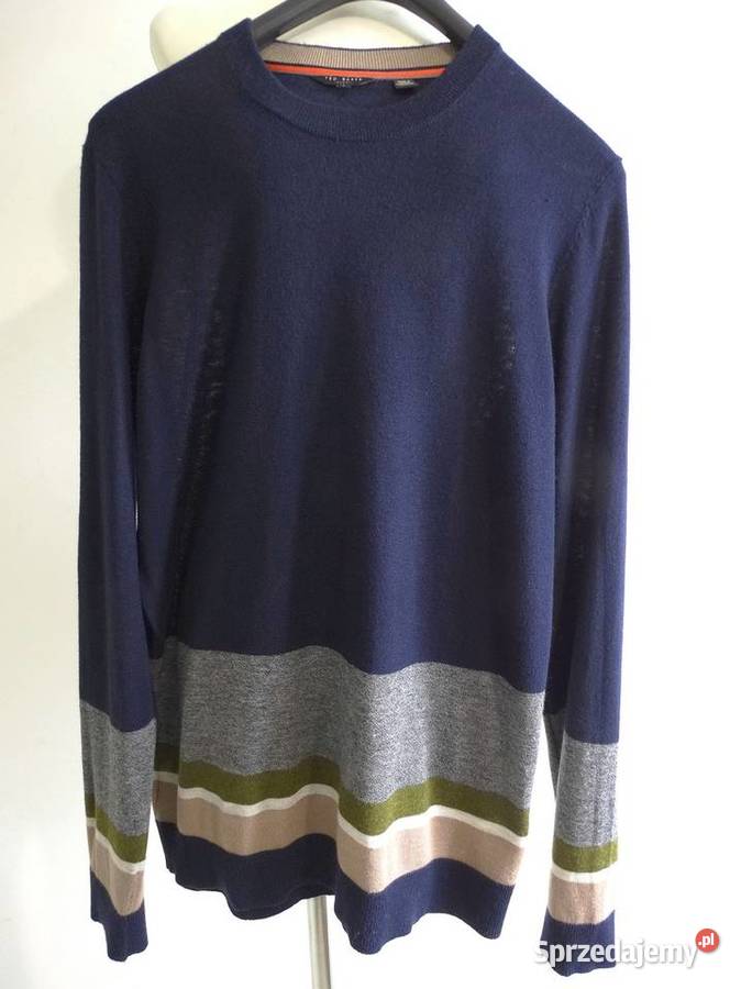 Sweter Wełniany Granatowy Crew Neck Pulower Łomża