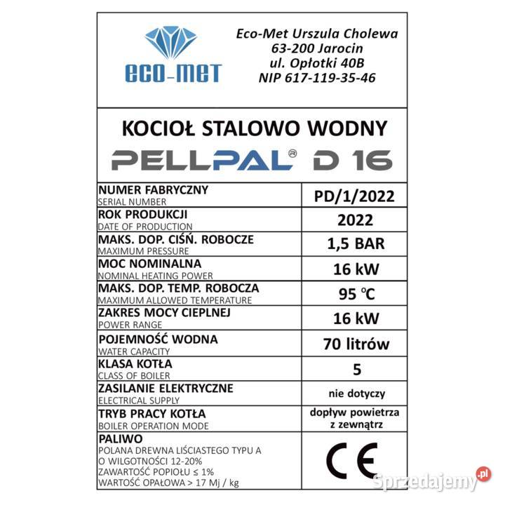 Kocioł spalający drewno 16kW PellPal D 5 klasa Łódź sprzedam