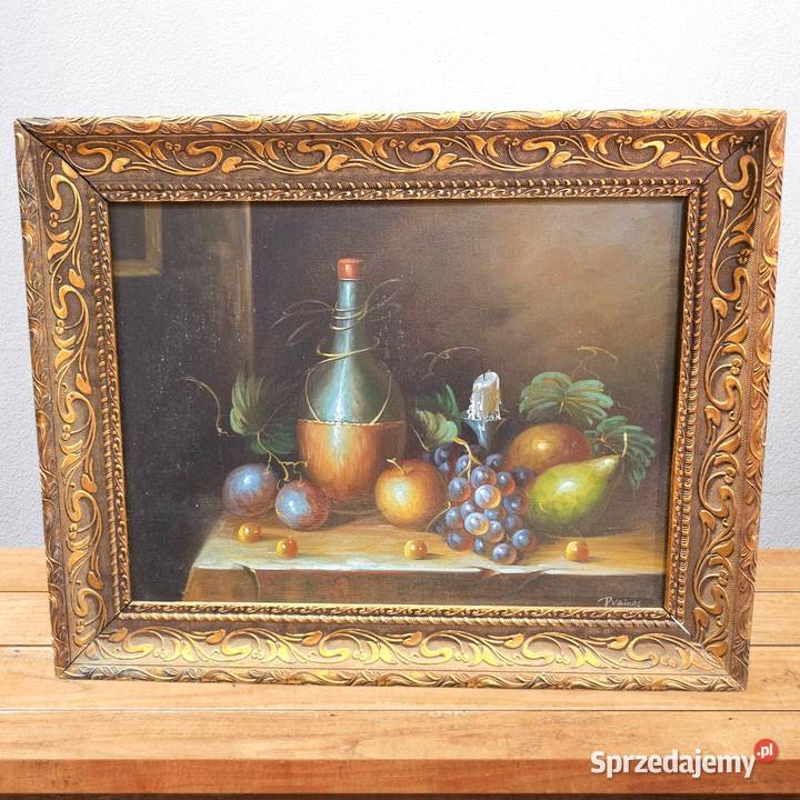 Olej na desce martwa natura w złotej ramie P Bronisze sprzedam