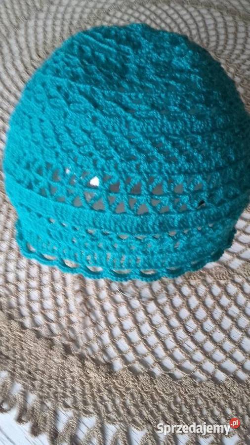 TURKUSOWA CZAPECZKA AŻUROWA MITENKI Piła