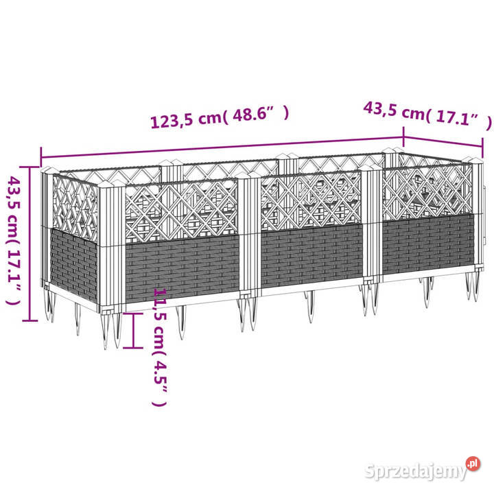 Donica ogrodowa na kołkach szara 1235x435x435 PP Warszawa