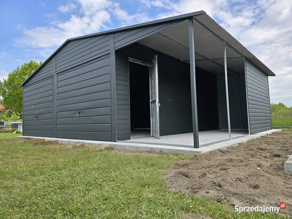Ładny Garaż Blaszany GRAFITOWY z zadaszeniem Mielec