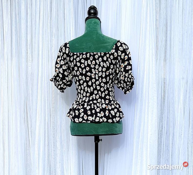 Bluzka hiszpanka top S 36 czarna kwiaty białe BY biały