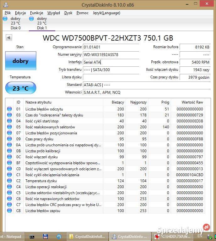 Dyski HDD HWD7500BPVT22HXZT3 750GB sprawne Dyski