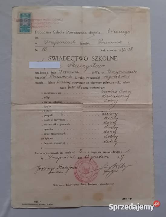 Świadectwo I półrocze klasy trzeciej Publiczna wielkopolskie Koźminek
