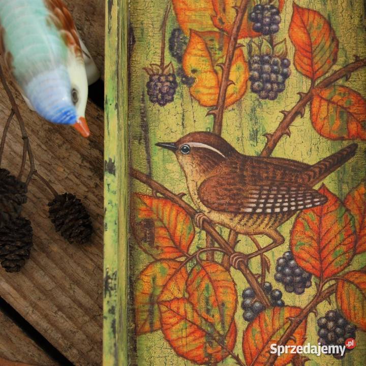 Drewniana tacka malowana ptak strzyżyk jeżyny sprzedam