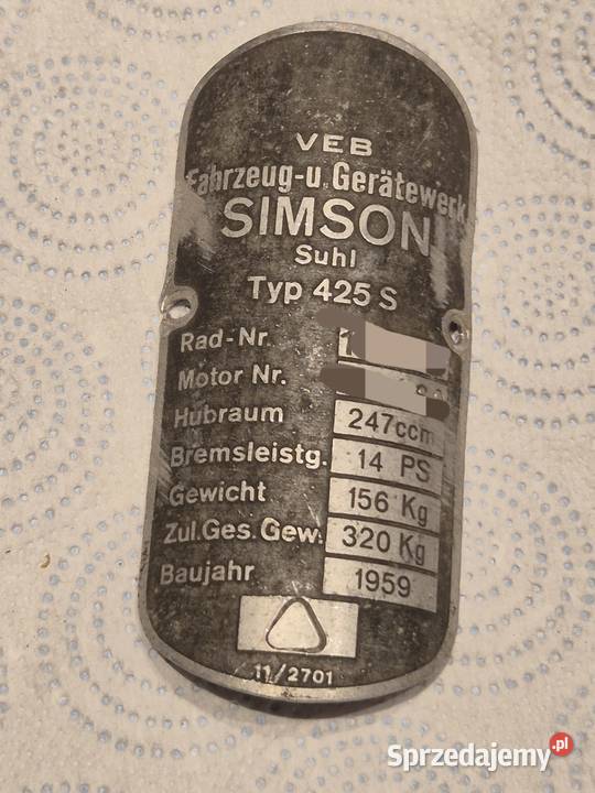 Tabliczka znamionowa Simson AVO Sport 425S Części i akcesoria motocyklowe Słupsk sprzedam