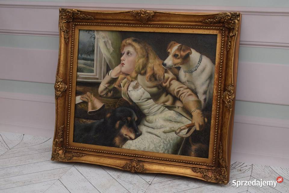 Portret Dziewczynki z PIESKAMI PIES Obraz Olejny małopolskie Kraków sprzedam