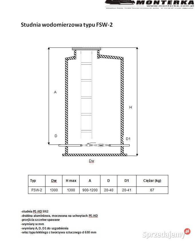 Studnia Wodomierzowa Dn 1300 wysokość 1300 mm Tanowo