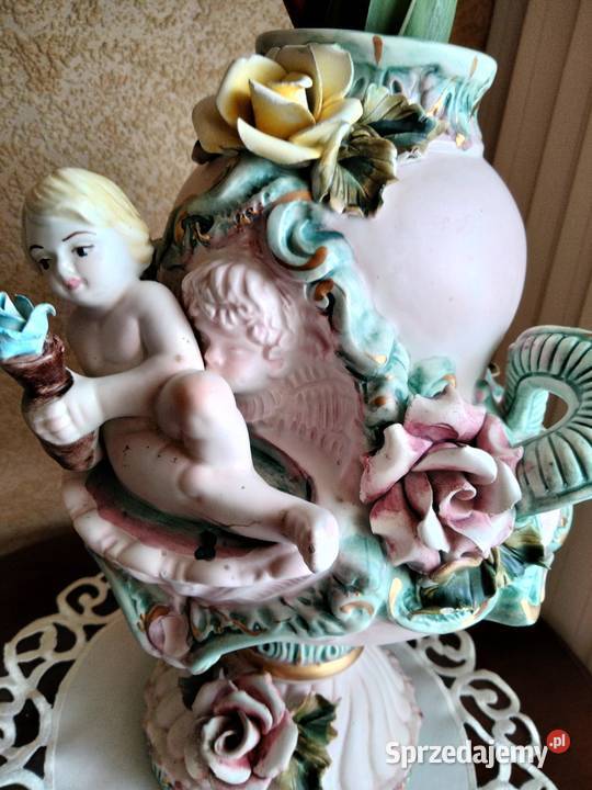 Włoska porcelana Putto duży wazon złocony Porcelana i szkło Gniezno