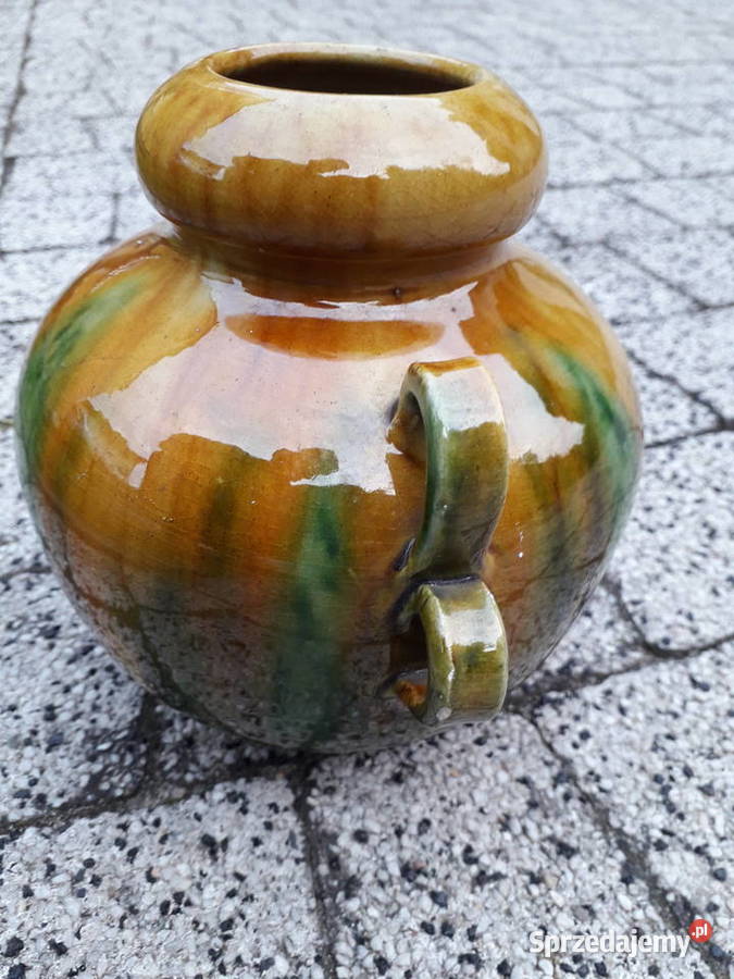 Wazon ceramiczny szkliwiony z uszami sygnowany Warszawa