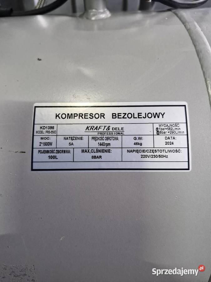 Kompressor bezolejowy KraftDele 100l 2x1500W Ozorków