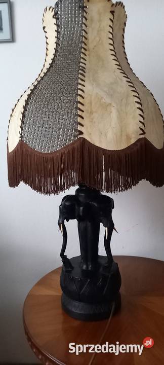 Drewniana rzeźbiona lampa Trzy słonie skórzany łódzkie Skierniewice