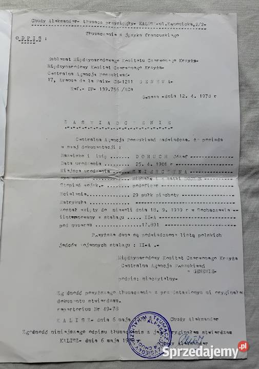 Dokument Centrali Międzynar Czerwonego Krzyża w wielkopolskie Koźminek sprzedam
