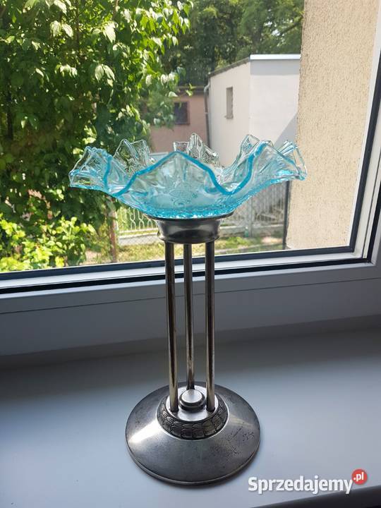 Patera na wysokiej podstawie szklo falbankowe pomorskie Gdynia