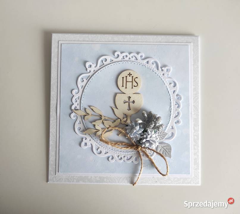 Kartka ręcznie robiona Komunia Święta niebieska Łódź