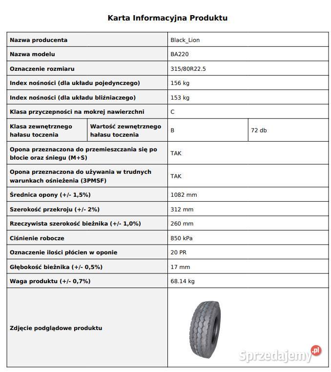 BlackLion BA220 31580 R225 Opony Prowadzące Nowa Ciężarowe podkarpackie Zarębki sprzedam