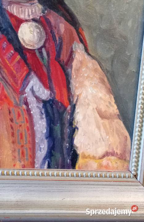 Obraz olejny na desce sygnowany portret Indianin Kraków