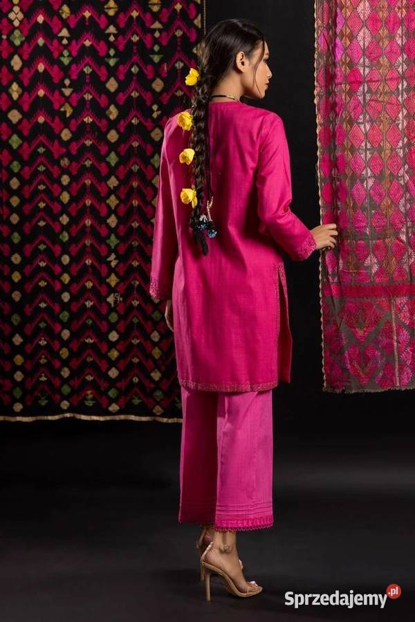 Różowa tunika boho XL 42 bawełna róż złoto haft Odzież damska