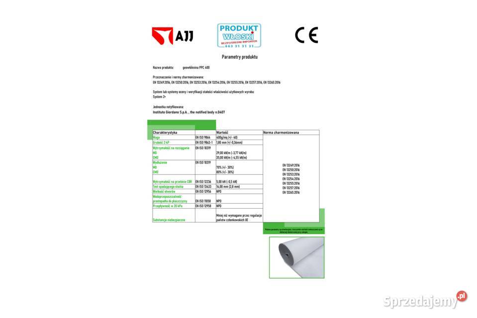 Geowłóknina ATESTOWANA PPC 400g AJJ 05m szer Materiały budowlane Białystok