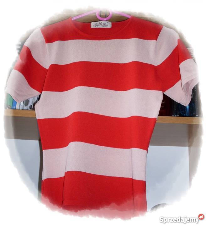 BLUZKA W CZERWONO JASNORÓŻOWE PASY R38 Rozmiar 38(M)