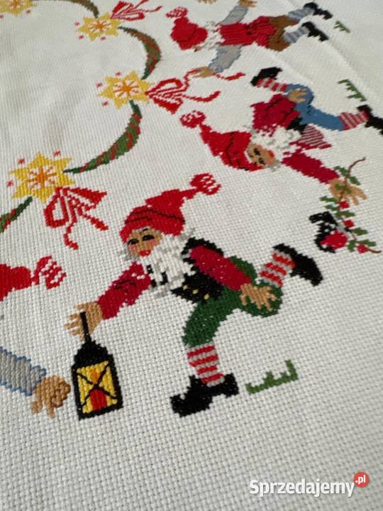 obrus ręcznie haftowany krasnoludki rękodzieło biały Zabrze sprzedam
